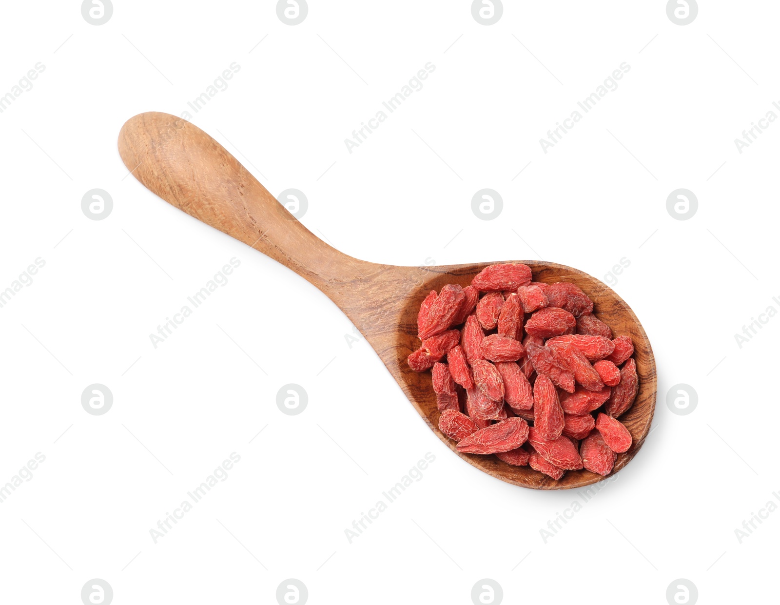 Photo of Dried goji berries in wooden spoon isolated on white, top view