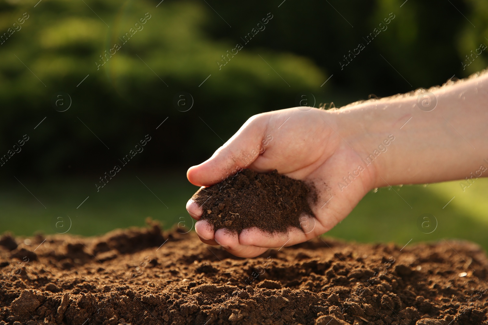 Photo of Man holding pile of soil outdoors, closeup. Space for text