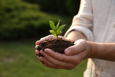 Photo of Man holding seedling with soil outdoors, closeup. Space for text