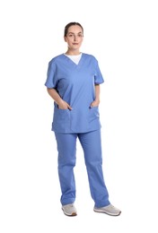 Full length portrait of professional nurse in uniform on white background