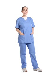 Full length portrait of professional nurse in uniform on white background