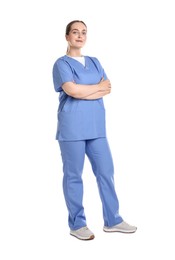 Full length portrait of professional nurse in uniform on white background