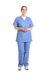 Full length portrait of professional nurse in uniform on white background