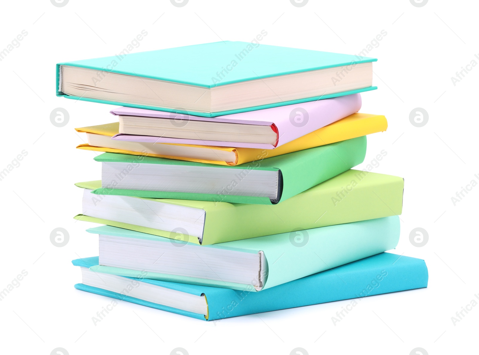 Photo of Stack of colorful books isolated on white