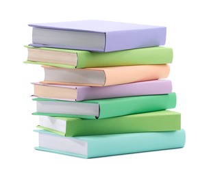 Photo of Stack of colorful books isolated on white