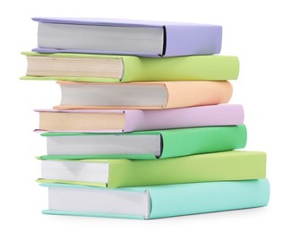 Photo of Stack of colorful books isolated on white