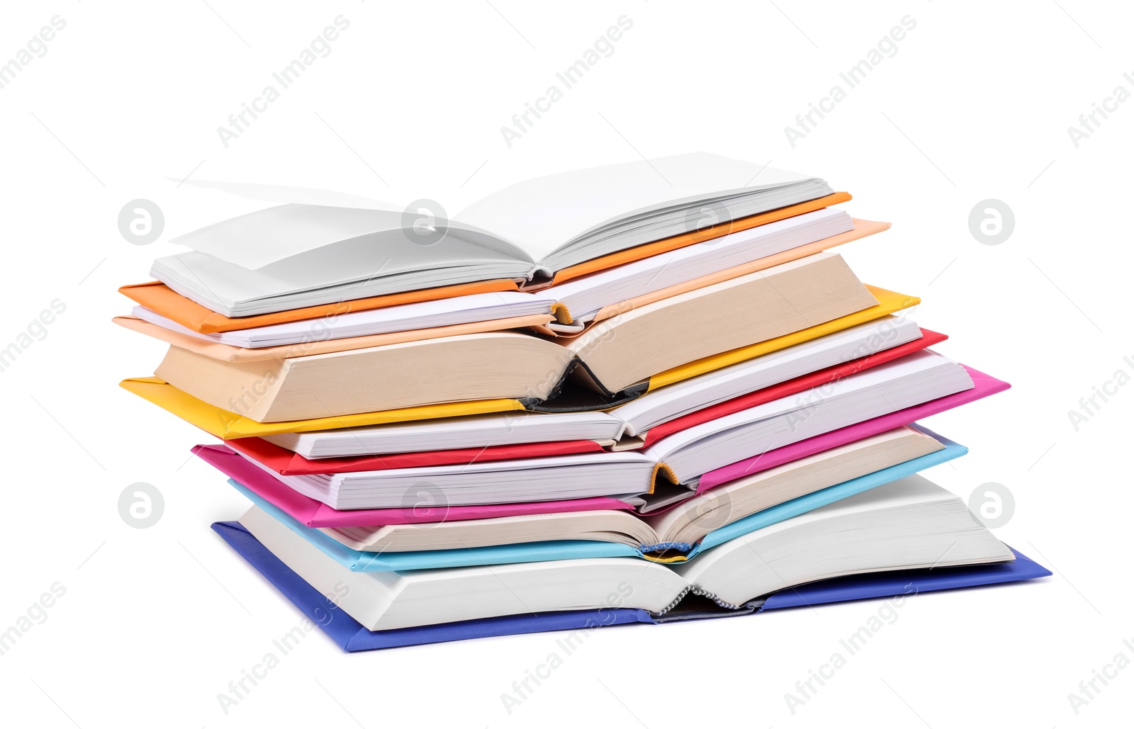 Photo of Stack of open colorful books isolated on white