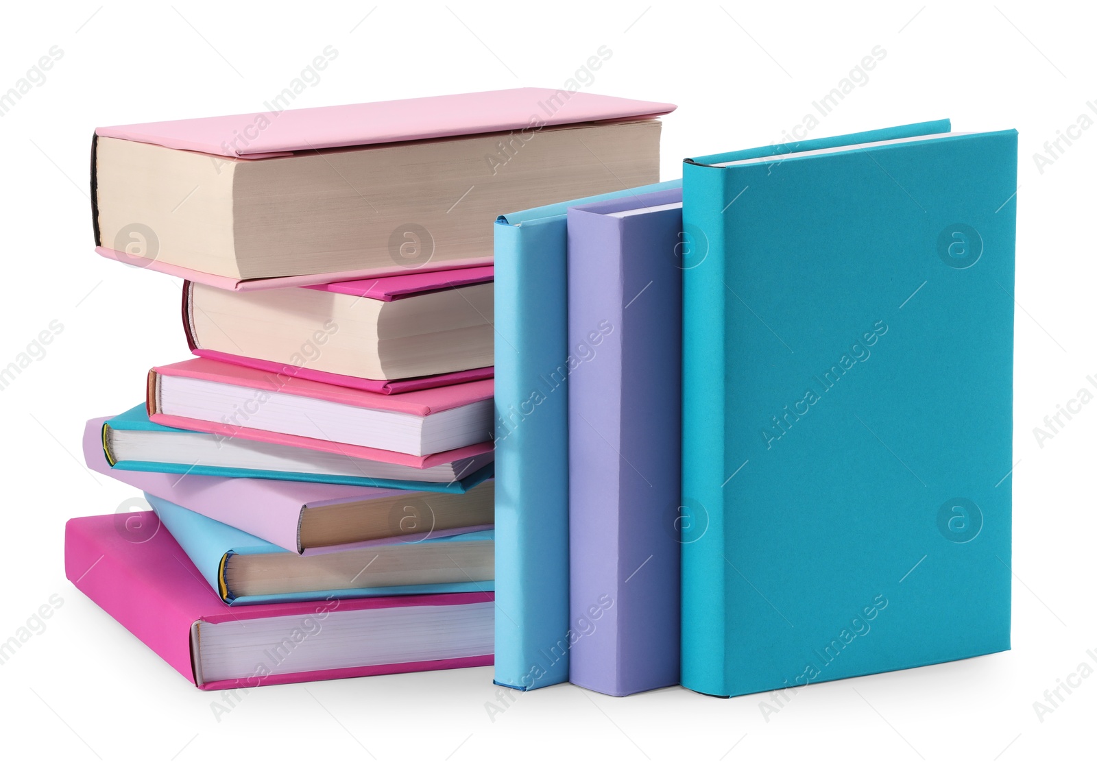 Photo of Many bright colorful books isolated on white