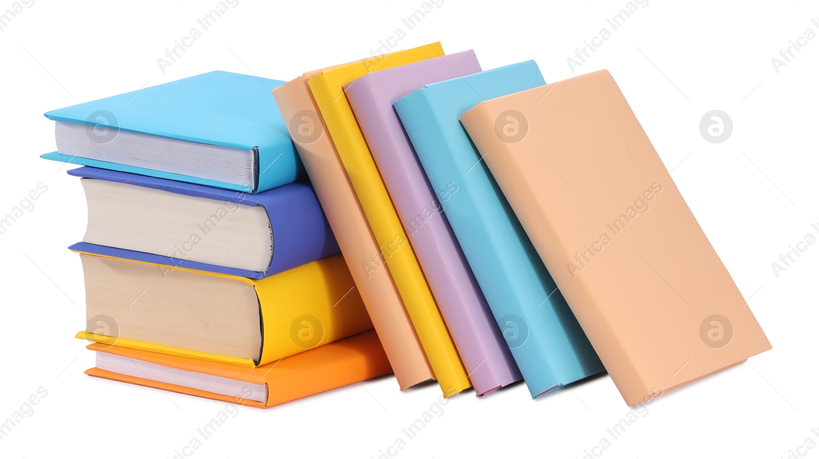 Photo of Many bright colorful books isolated on white