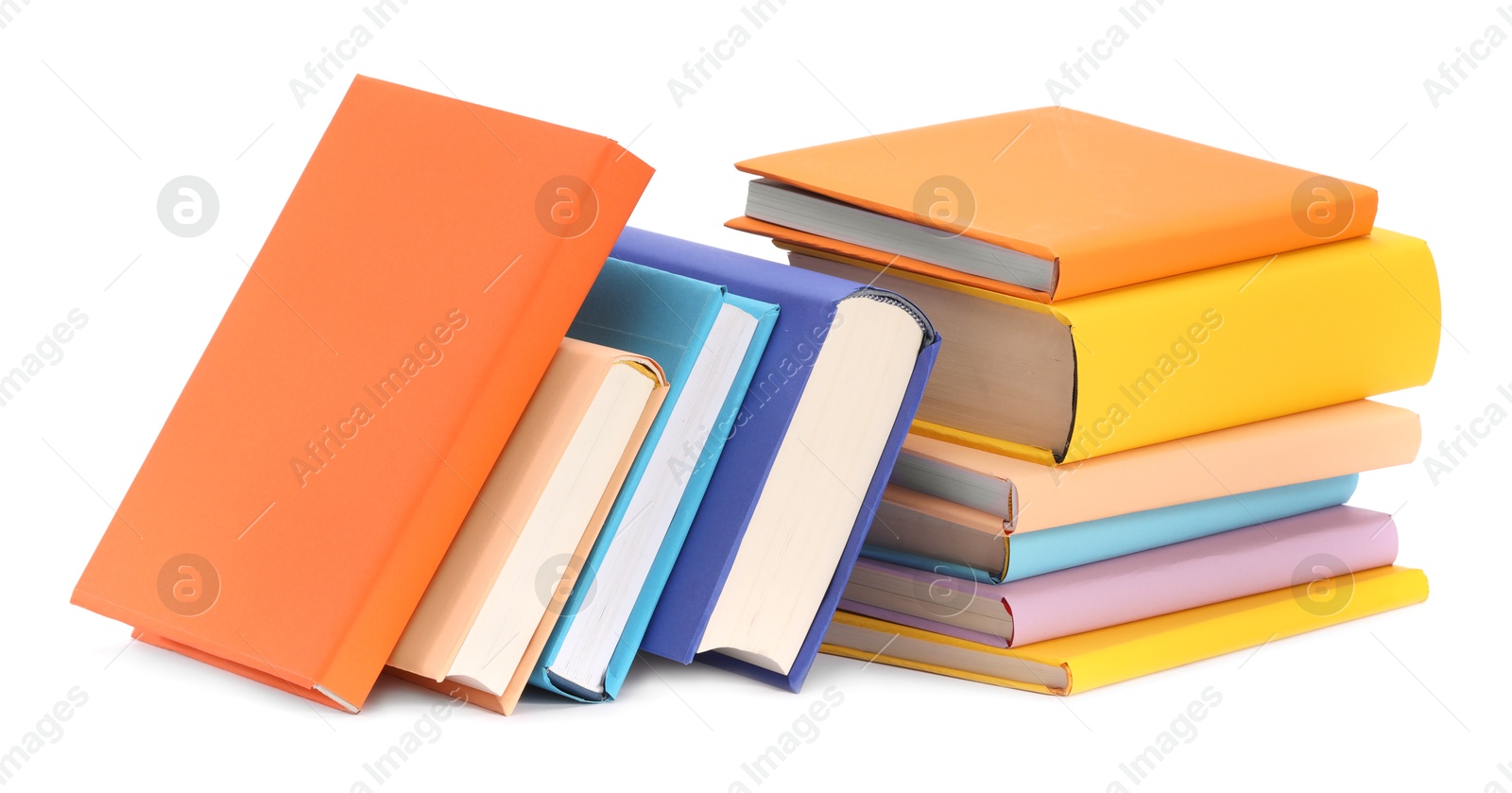 Photo of Many bright colorful books isolated on white