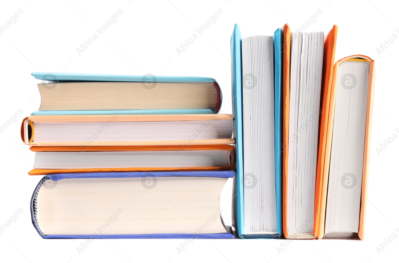 Photo of Many bright colorful books isolated on white