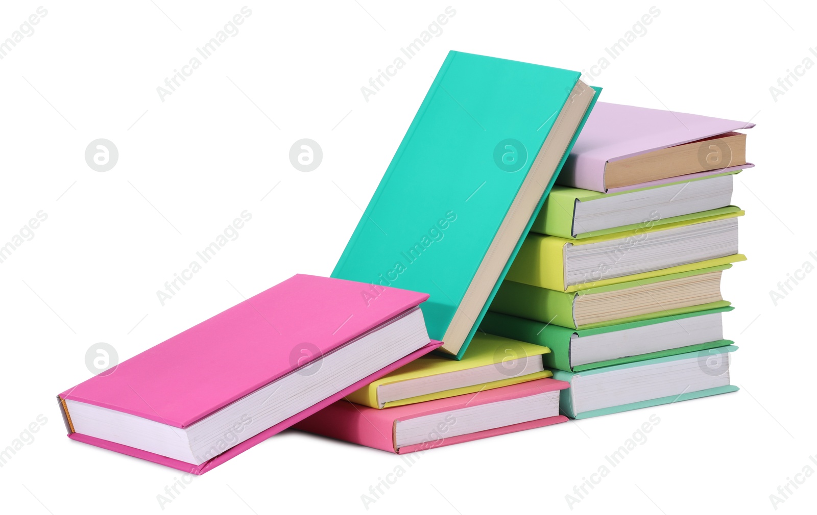 Photo of Many bright colorful books isolated on white