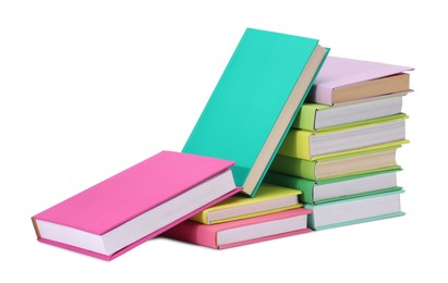 Photo of Many bright colorful books isolated on white