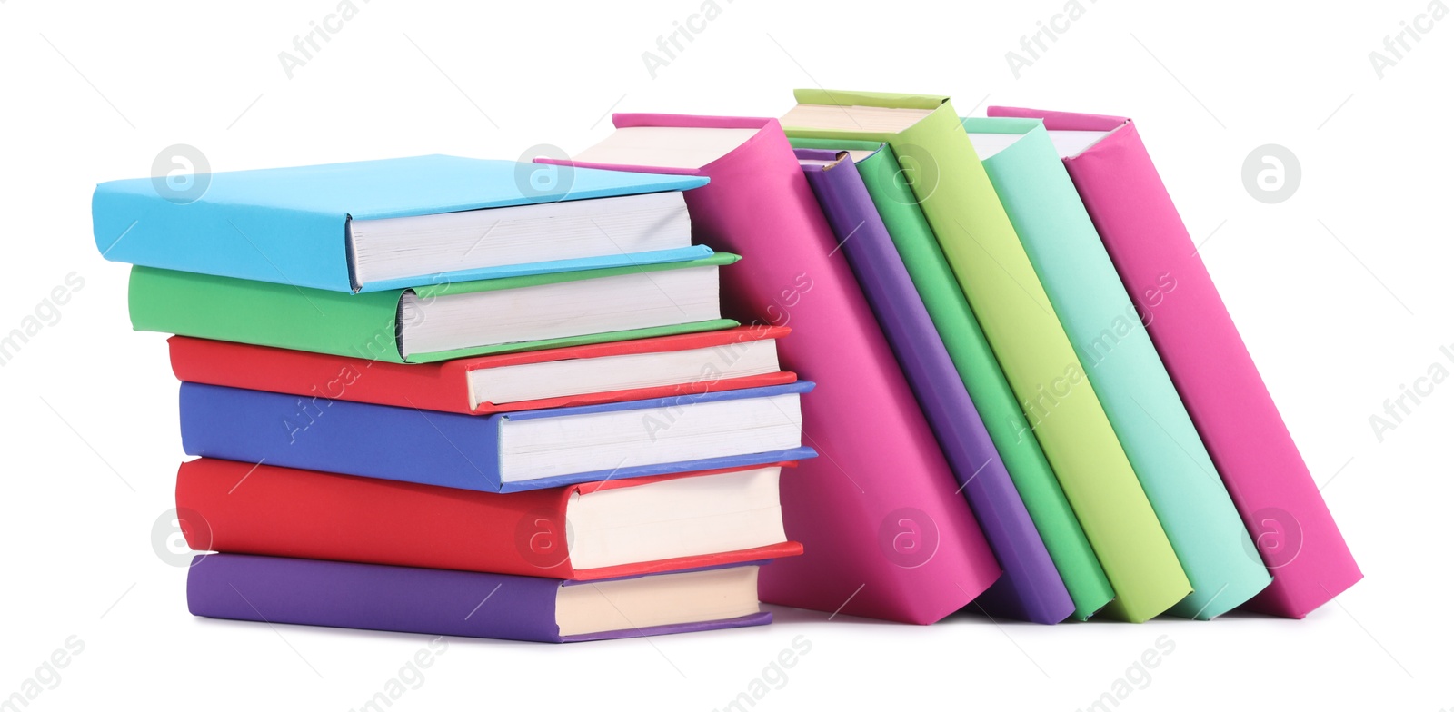 Photo of Many bright colorful books isolated on white