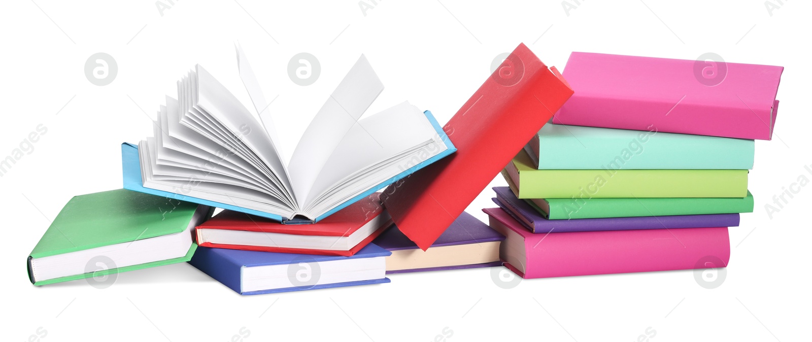 Photo of Many bright colorful books isolated on white