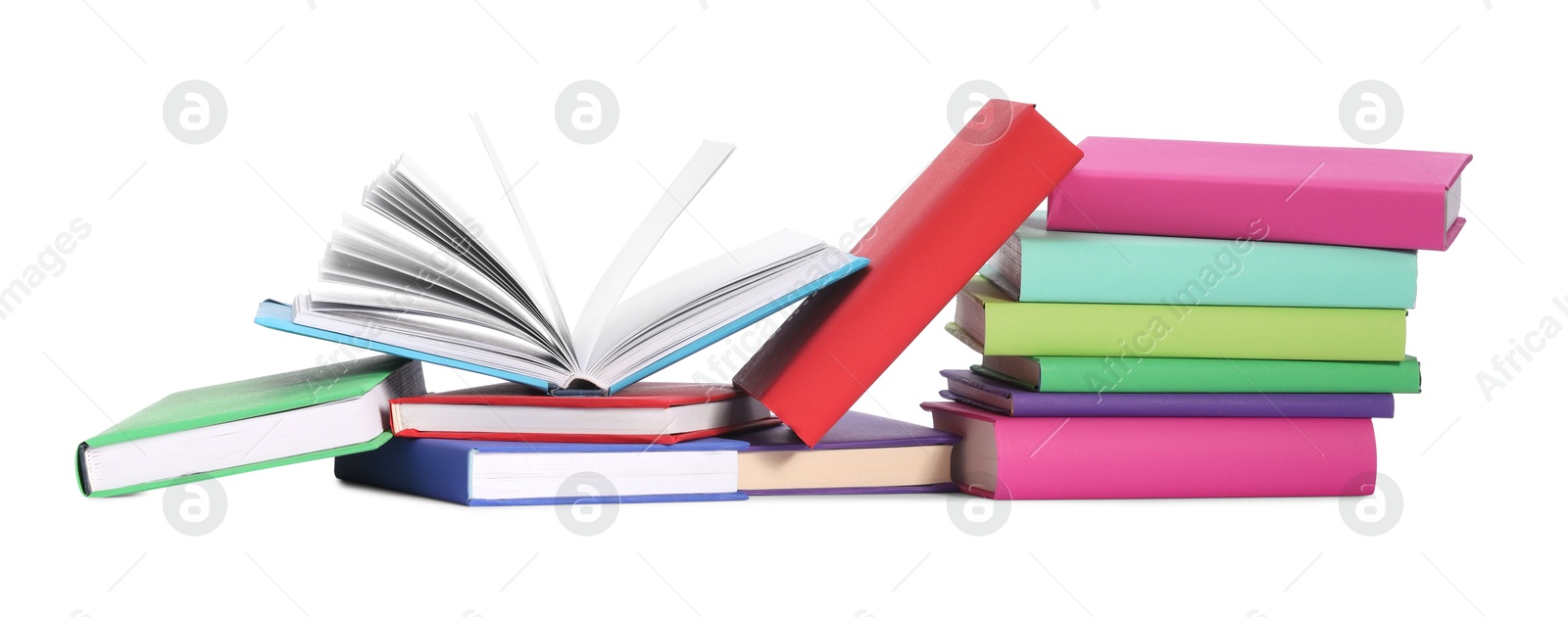 Photo of Many bright colorful books isolated on white