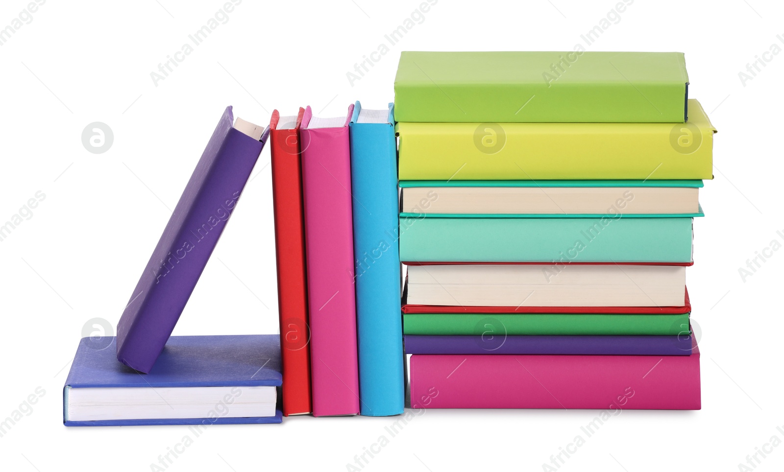 Photo of Many bright colorful books isolated on white