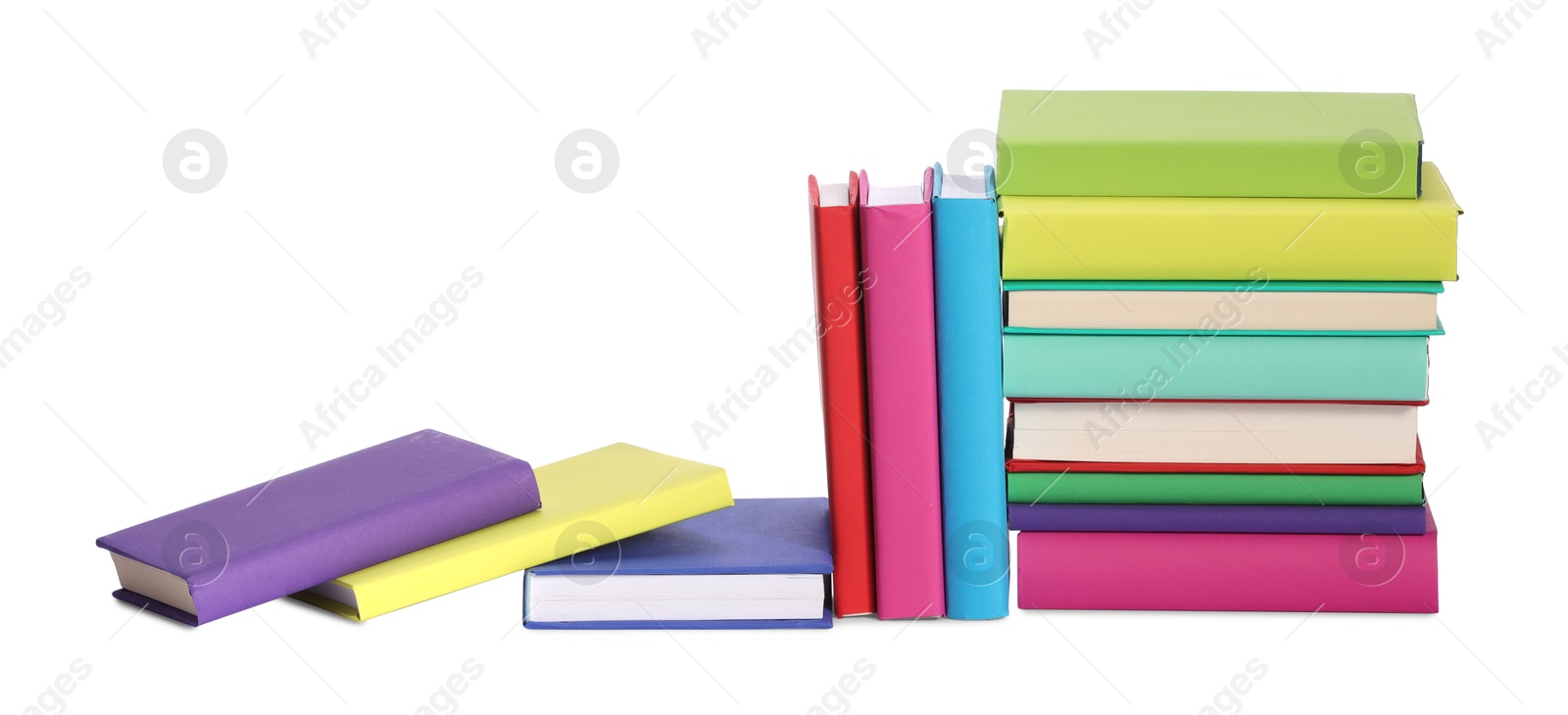 Photo of Many bright colorful books isolated on white