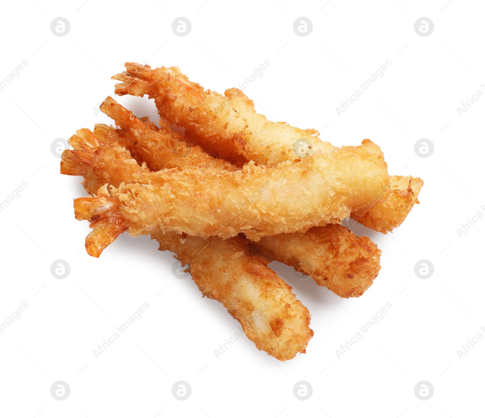 Photo of Tasty breaded fried shrimps isolated on white, top view