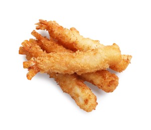 Photo of Tasty breaded fried shrimps isolated on white, top view