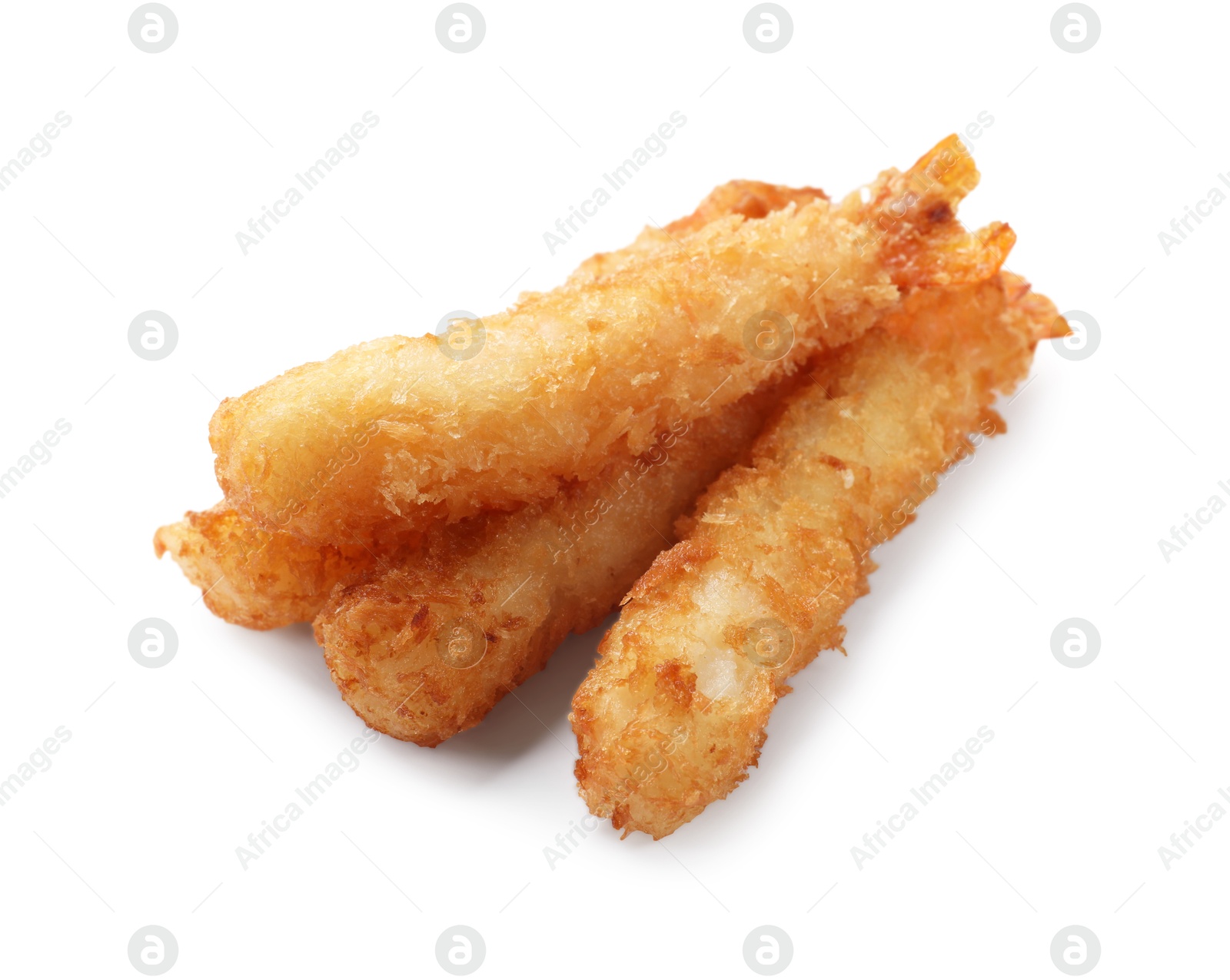 Photo of Tasty breaded fried shrimps isolated on white