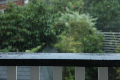 View on trees in backyard from balcony on rainy day