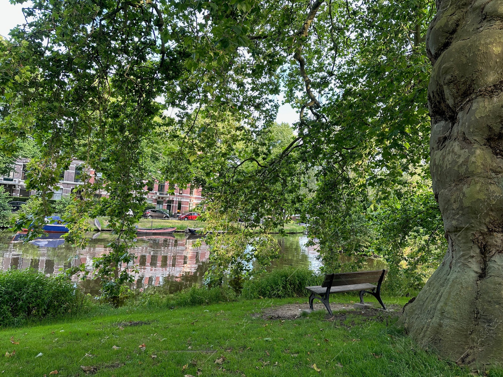 Photo of Beautiful view of wooden bench near canal in park