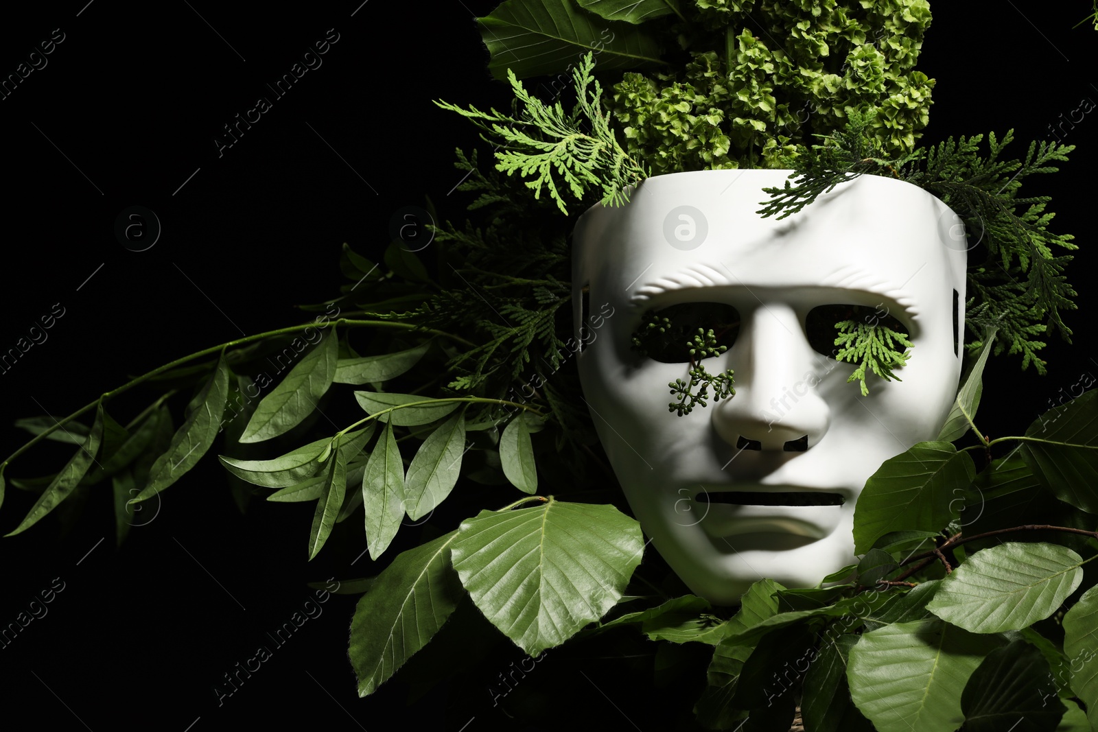 Photo of Theatrical performance. Plastic mask and floral decor on black background