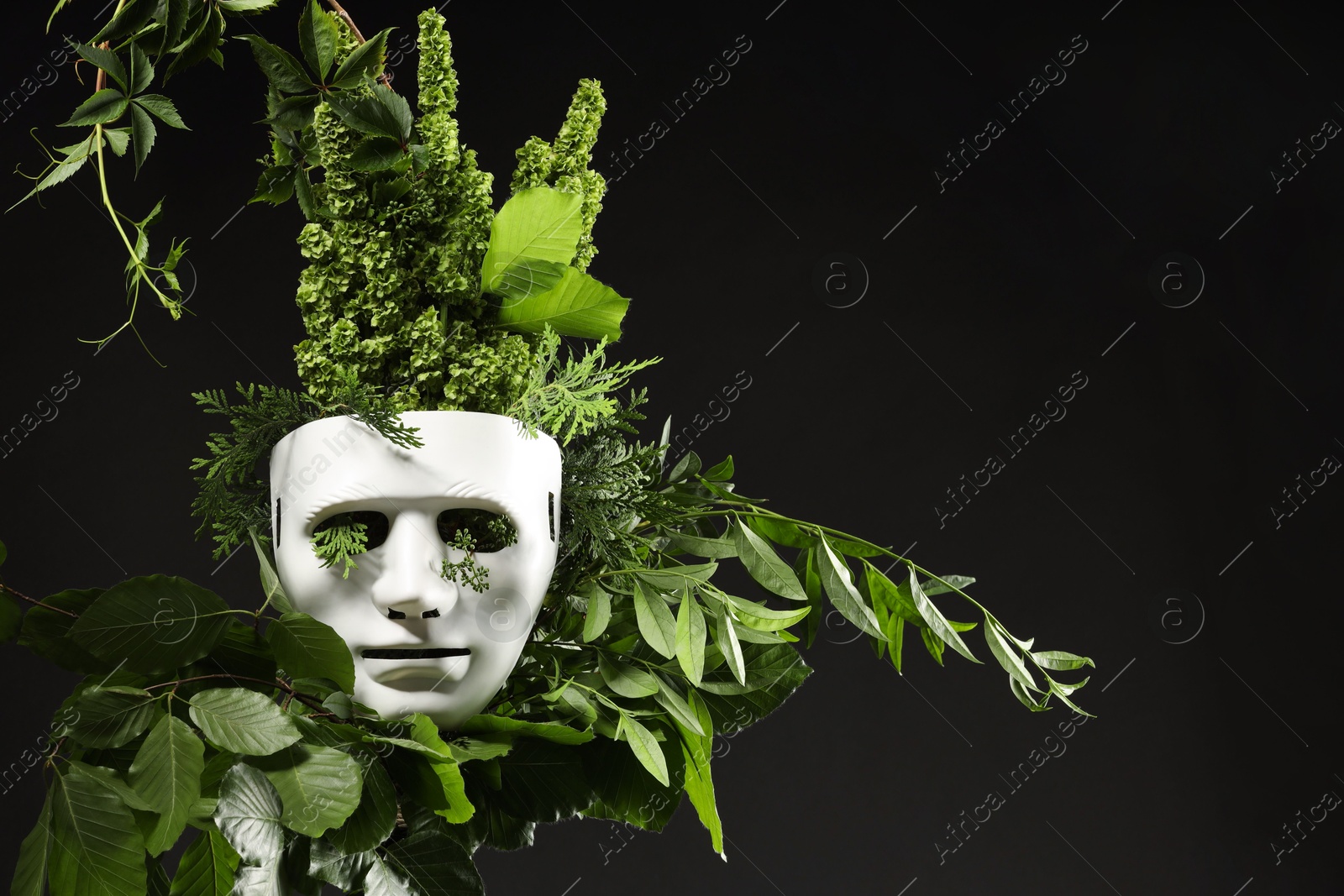 Photo of Theatrical performance. Plastic mask and floral decor on black background