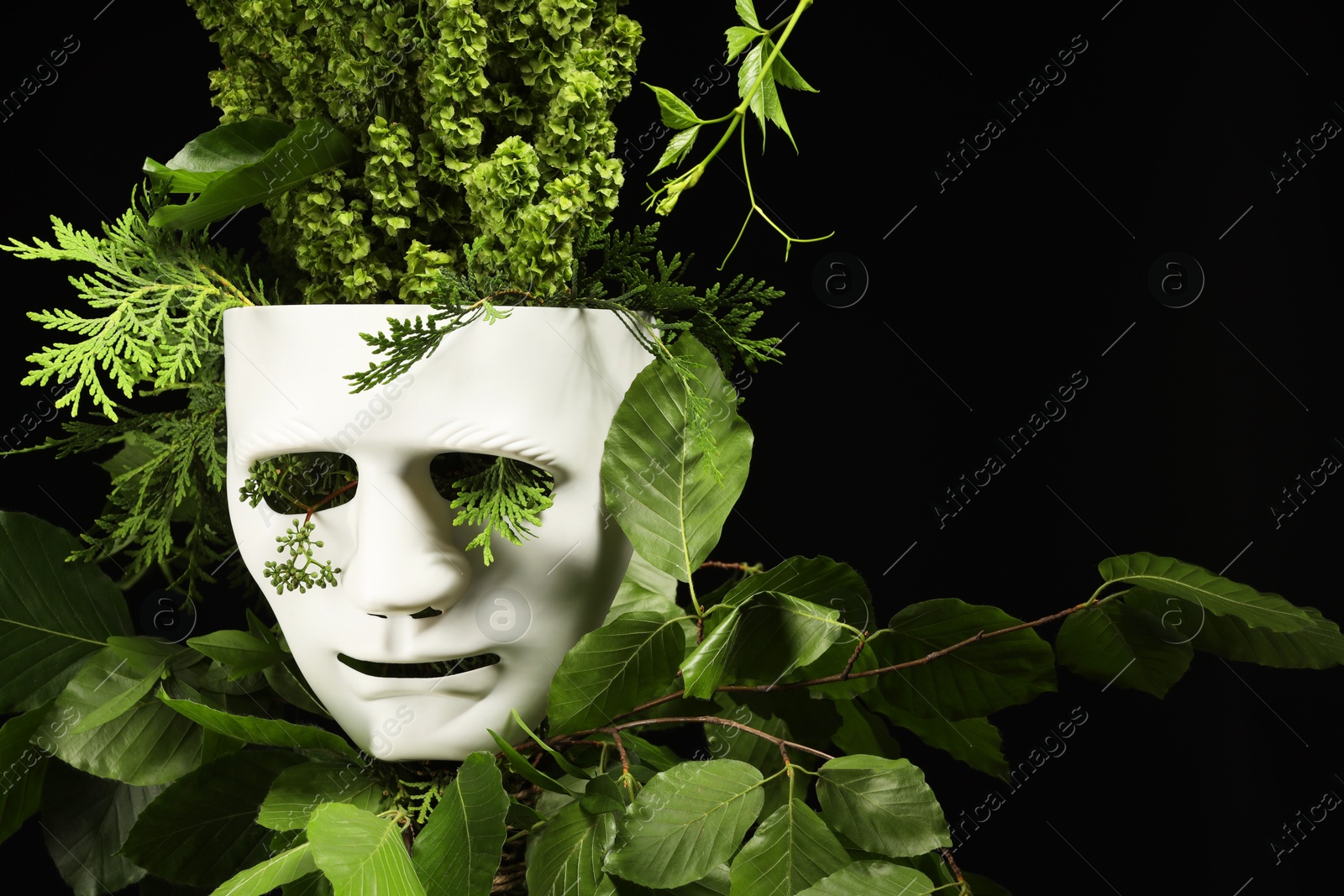 Photo of Theatrical performance. Plastic mask and floral decor on black background, space for text