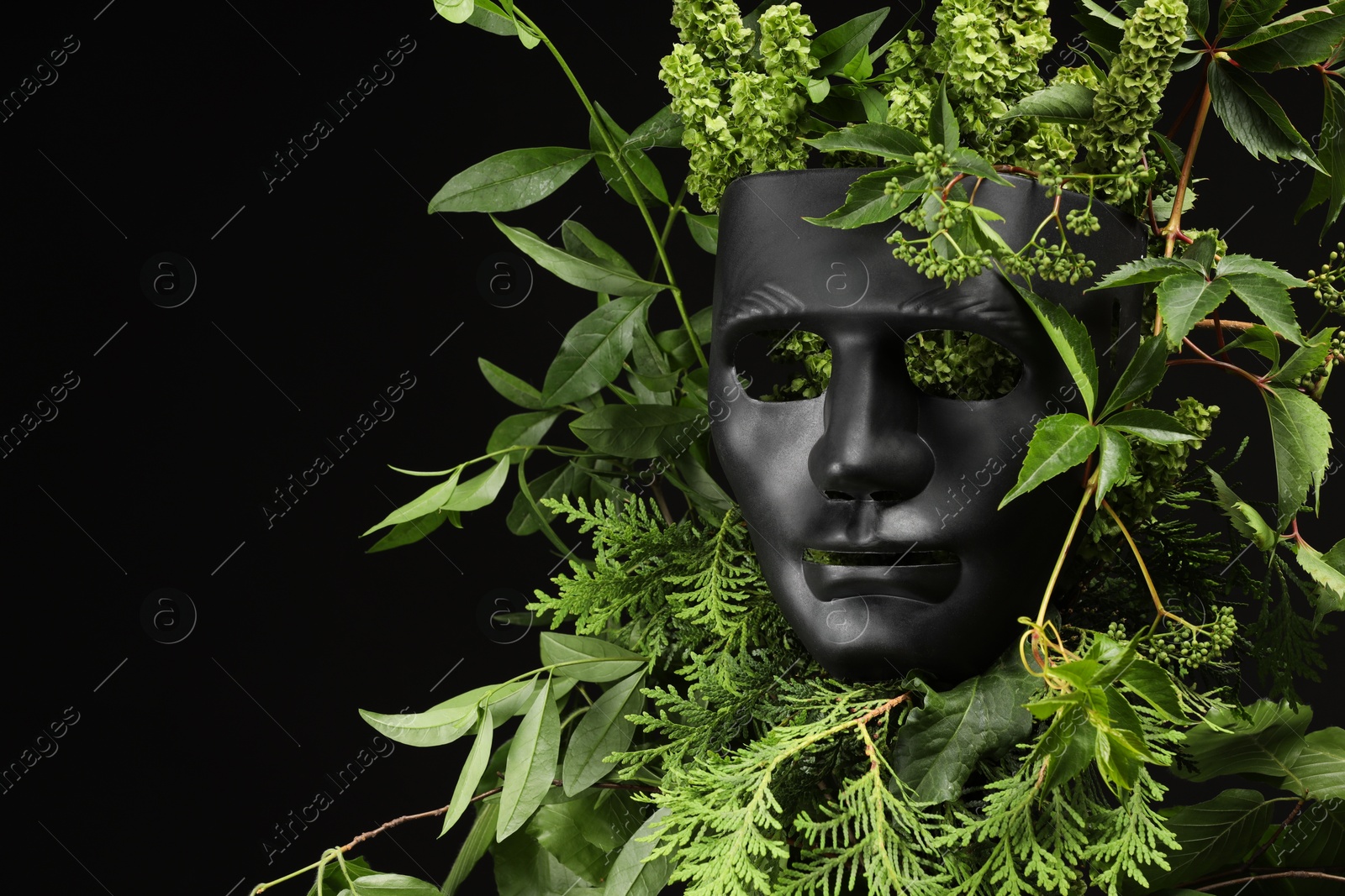 Photo of Theatrical performance. Plastic mask and floral decor on black background, space for text