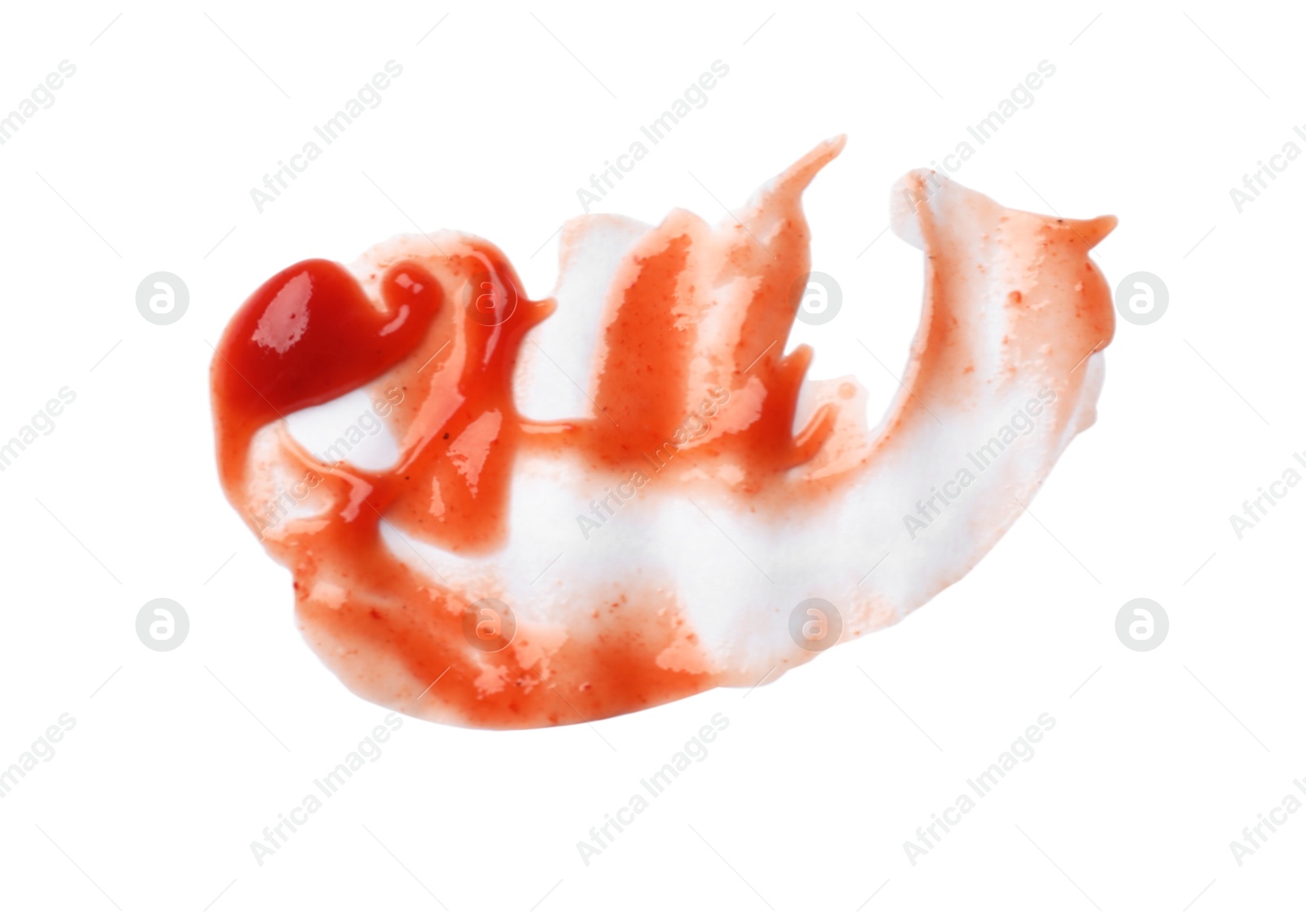 Photo of Tasty ketchup isolated on white, top view. Tomato sauce