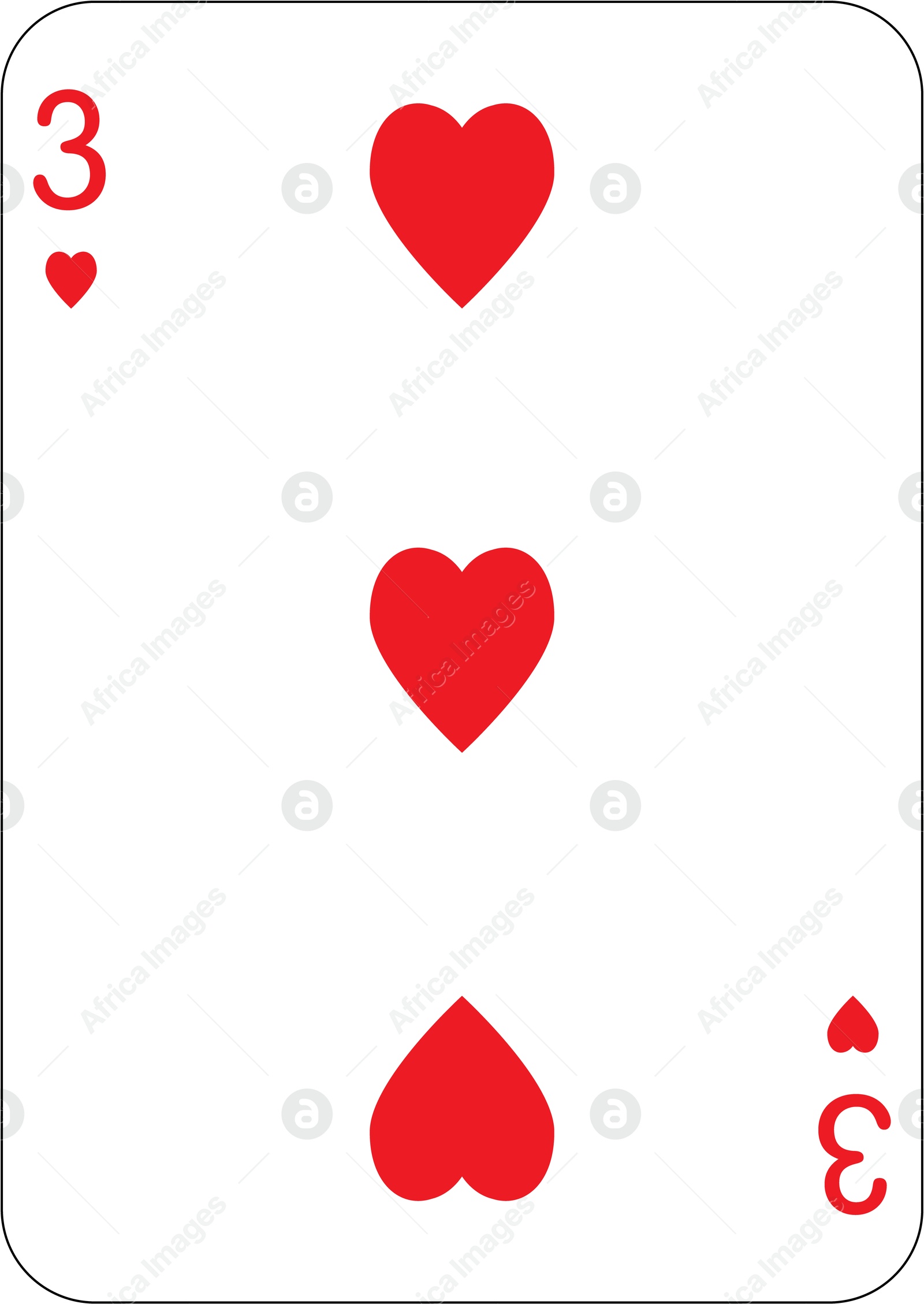 Image of 3 of hearts. One playing card, illustration