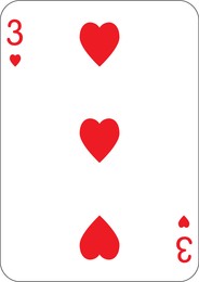 Image of 3 of hearts. One playing card, illustration