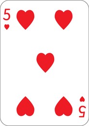 Image of 5 of hearts. One playing card, illustration