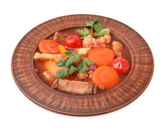 Photo of Tasty homemade stew with vegetables in bowl isolated on white