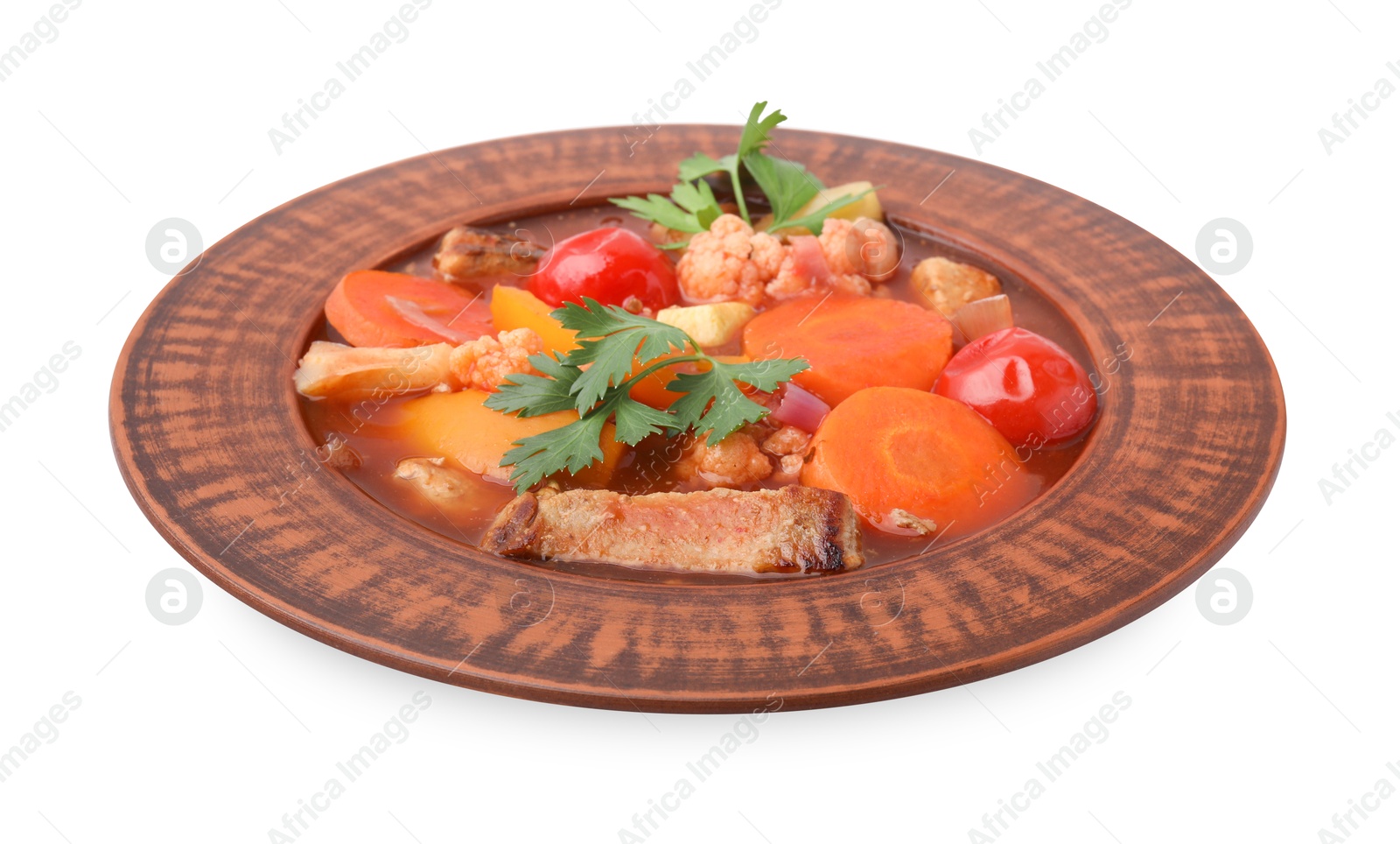 Photo of Tasty homemade stew with vegetables in bowl isolated on white