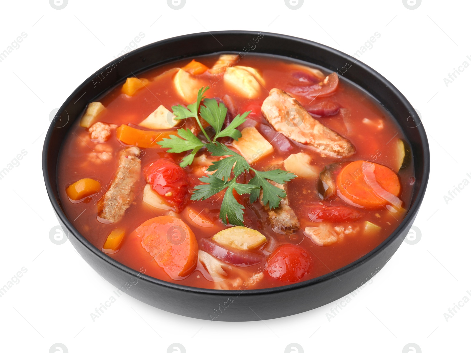 Photo of Tasty homemade stew with vegetables in bowl isolated on white