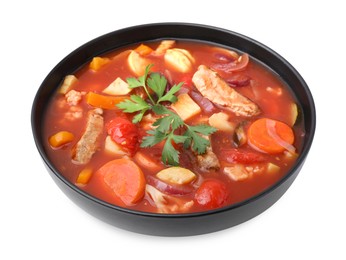 Photo of Tasty homemade stew with vegetables in bowl isolated on white