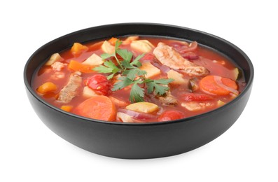 Tasty homemade stew with vegetables in bowl isolated on white