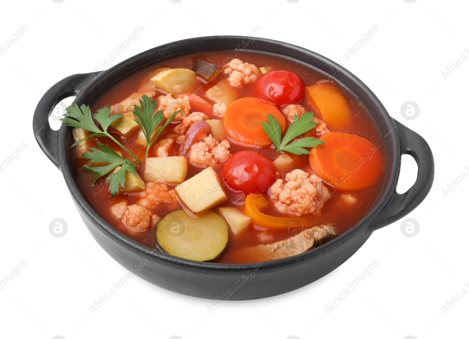 Photo of Tasty homemade stew with vegetables in dish isolated on white