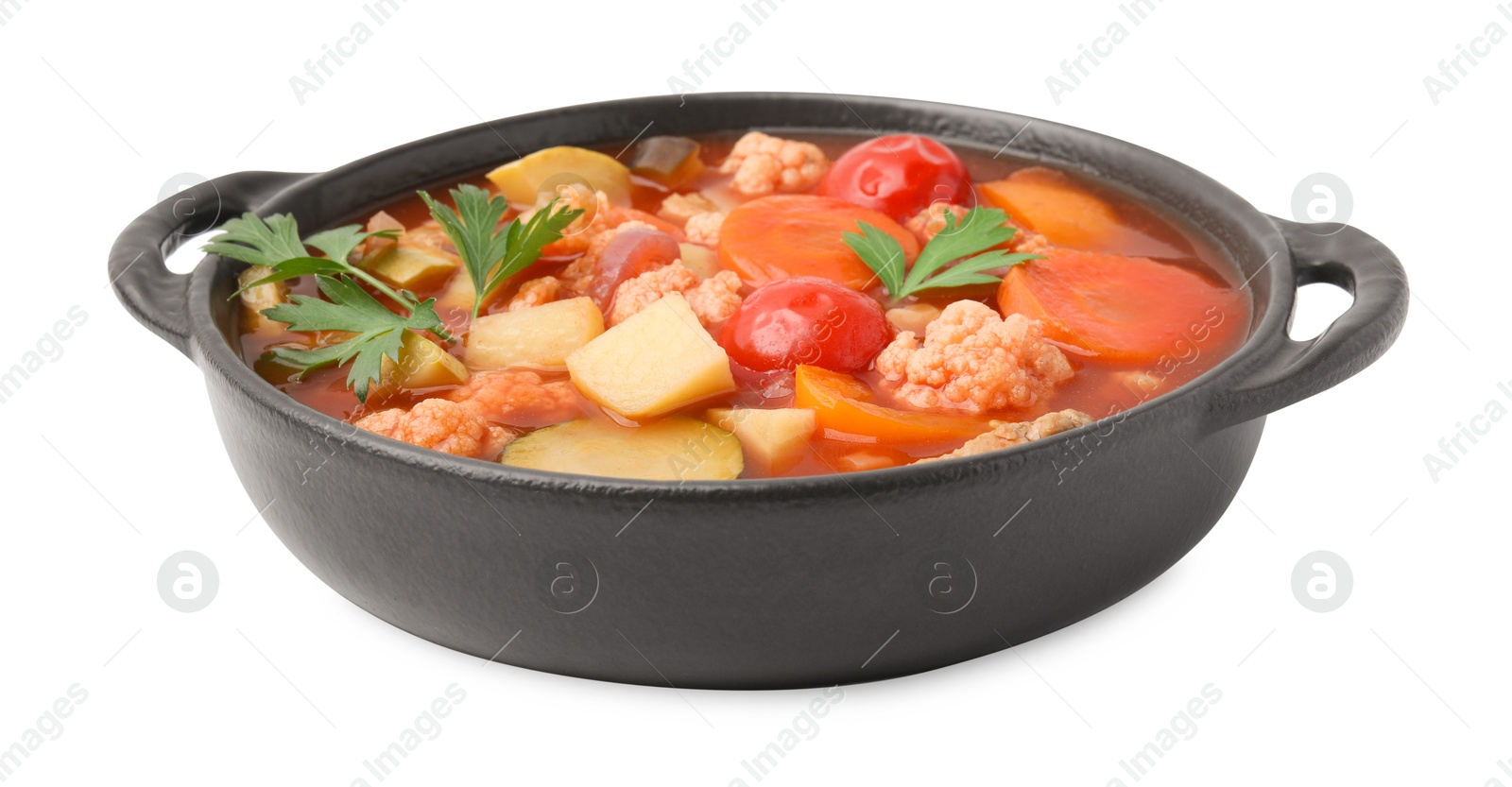 Photo of Tasty homemade stew with vegetables in dish isolated on white