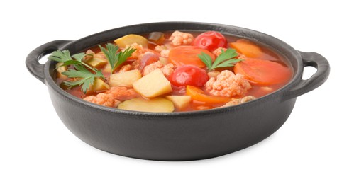 Photo of Tasty homemade stew with vegetables in dish isolated on white