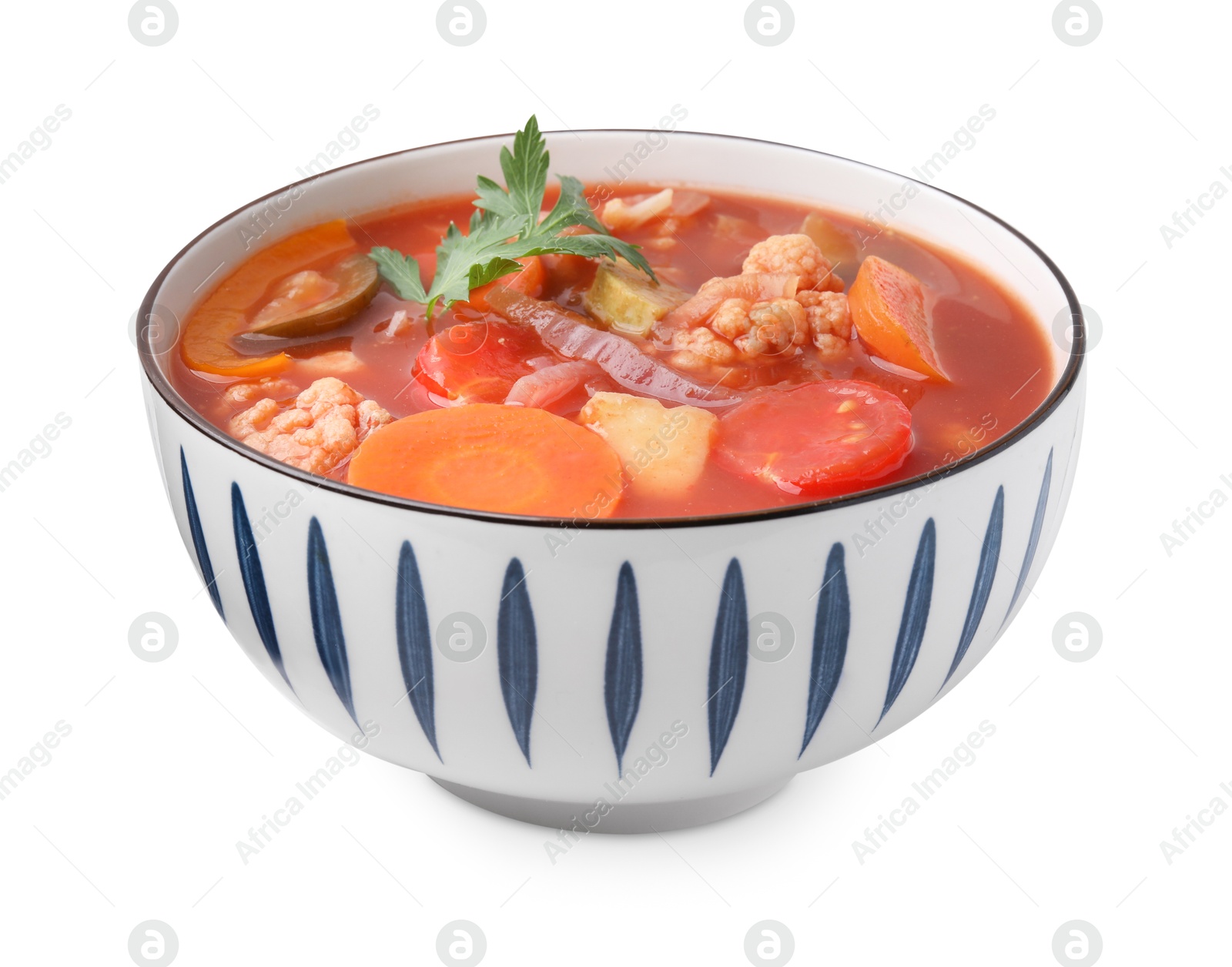 Photo of Tasty homemade stew with vegetables in bowl isolated on white