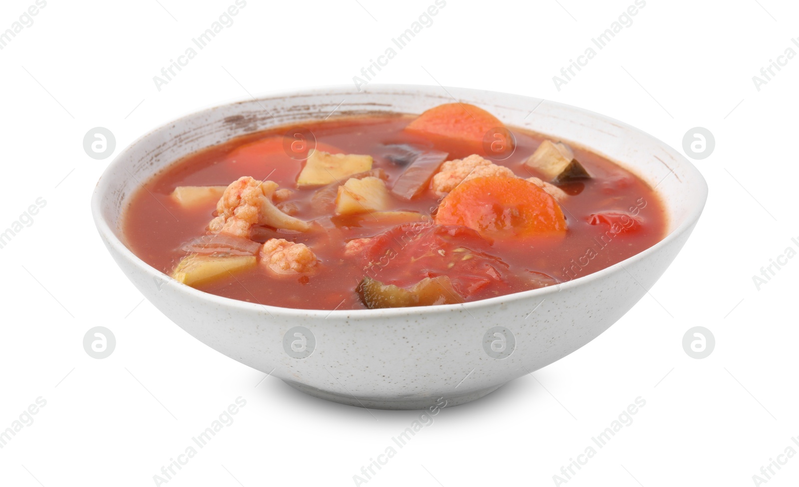 Photo of Delicious homemade stew in bowl isolated on white