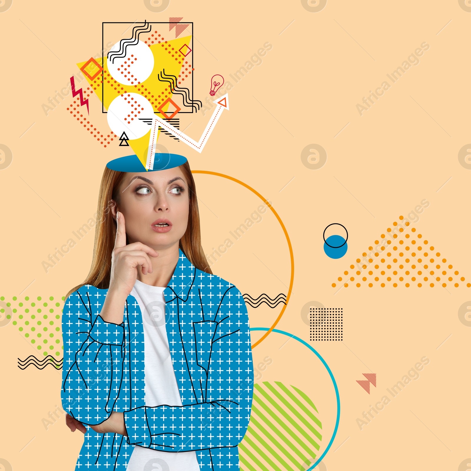 Image of Woman with different thoughts and ideas on color background, creative art collage