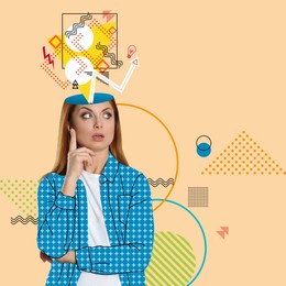 Image of Woman with different thoughts and ideas on color background, creative art collage