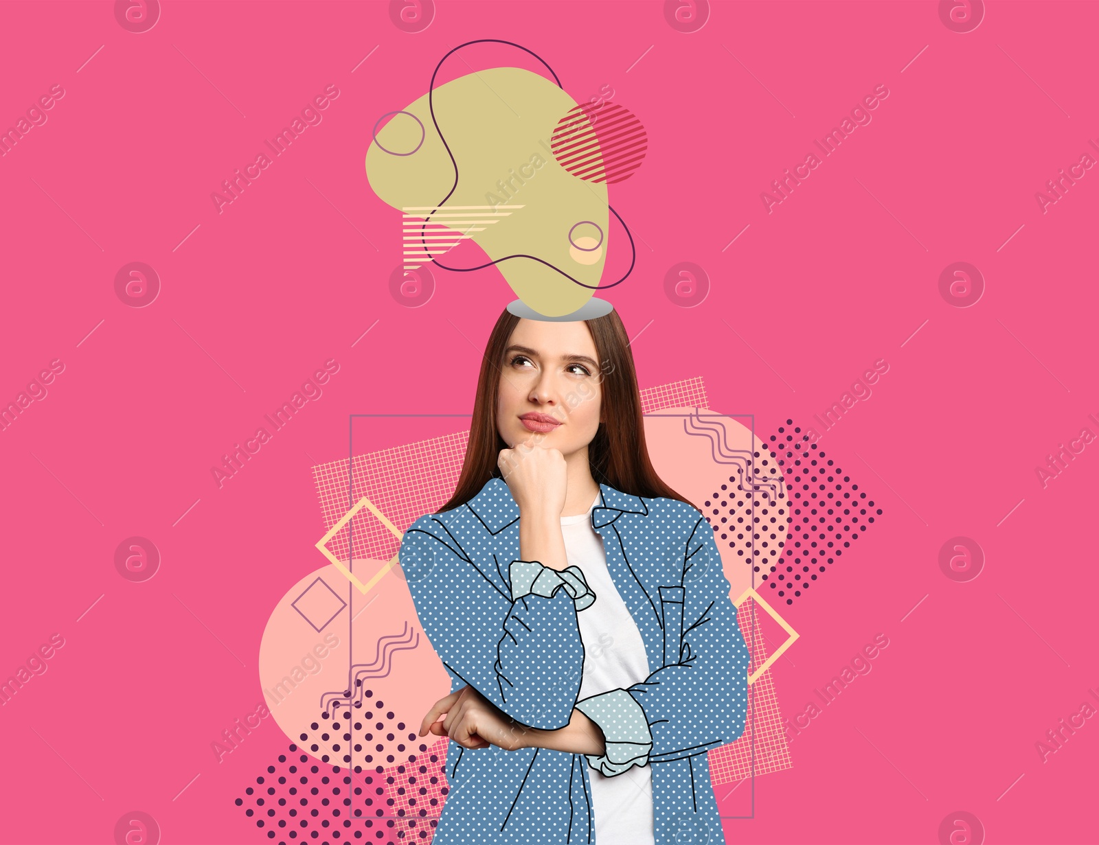 Image of Creative art collage of woman with drawn elements coming out of her head on color background