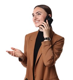 Photo of Beautiful woman in brown jacket talking on smartphone against white background