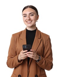 Photo of Beautiful woman in brown jacket with smartphone on white background